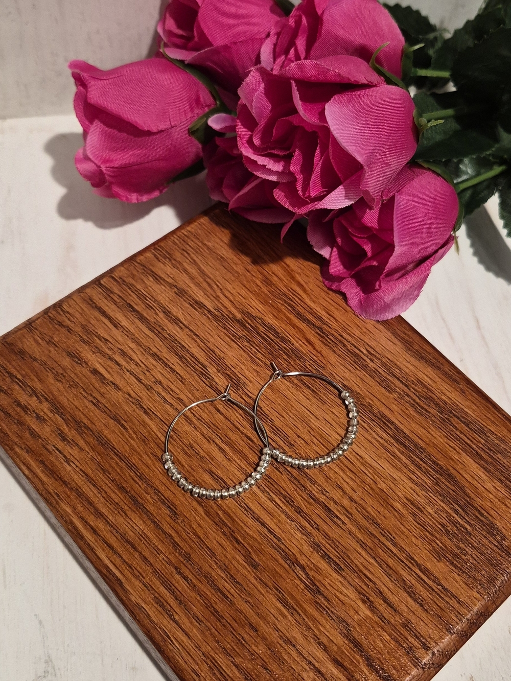 Silver Beaded Hoop Earrings for Women